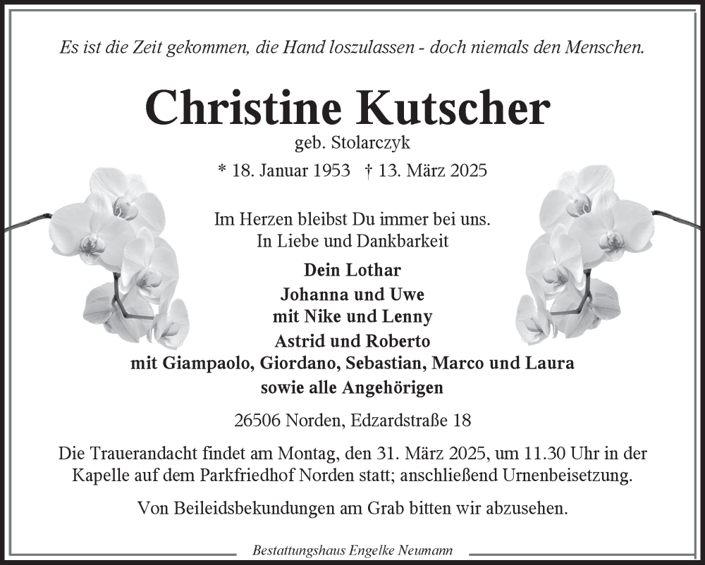  Traueranzeige für Christine Kutscher vom 15.03.2025 aus Ostfriesischer Kurier GmbH