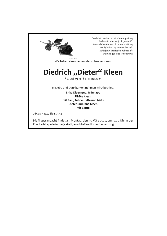  Traueranzeige für Diedrich Kleen vom 10.03.2025 aus Ostfriesischer Kurier GmbH