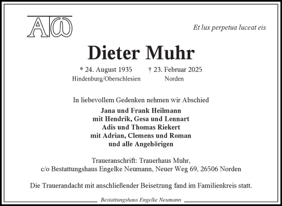 Traueranzeige von Dieter Muhr von Ostfriesischer Kurier GmbH