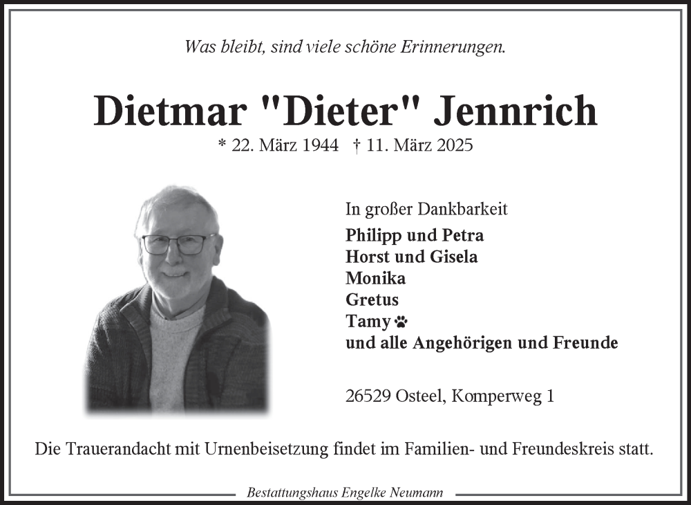  Traueranzeige für Dietmar Jennrich vom 15.03.2025 aus Ostfriesischer Kurier GmbH
