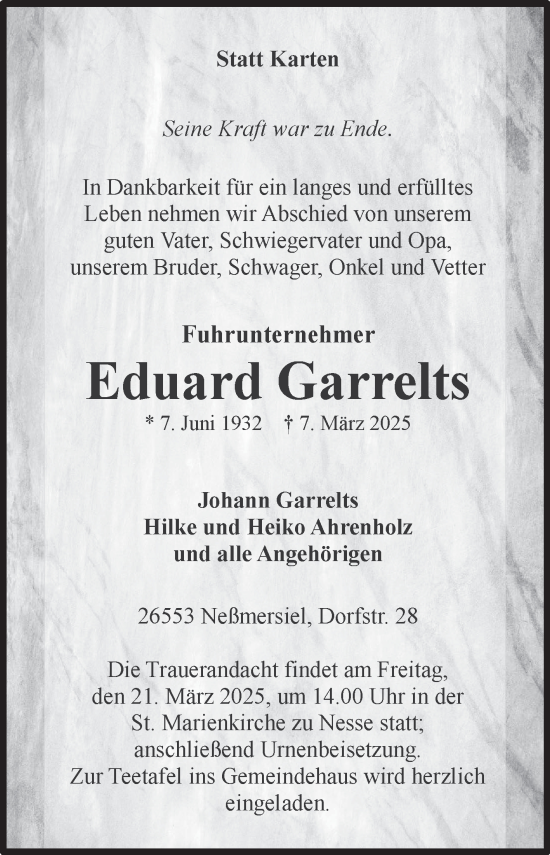 Traueranzeige von Eduard Garrelts von Ostfriesischer Kurier GmbH