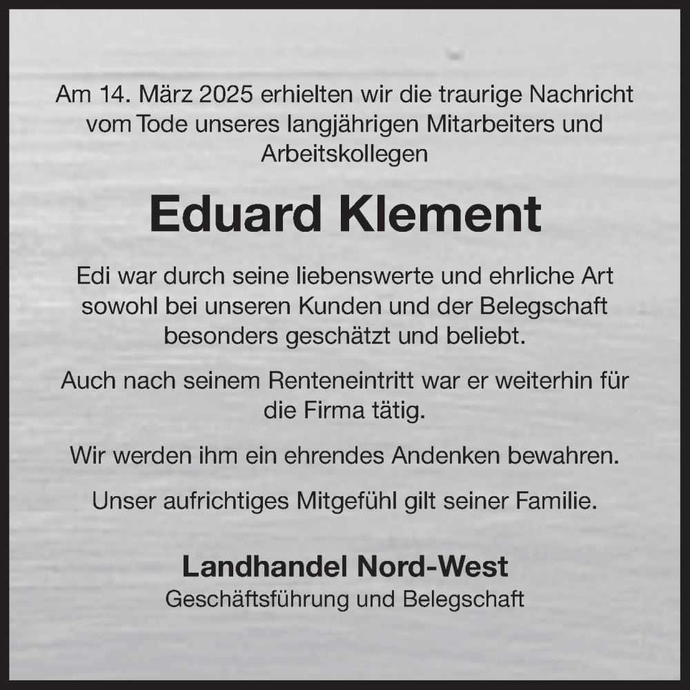  Traueranzeige für Eduard Klement vom 19.03.2025 aus Ostfriesischer Kurier GmbH