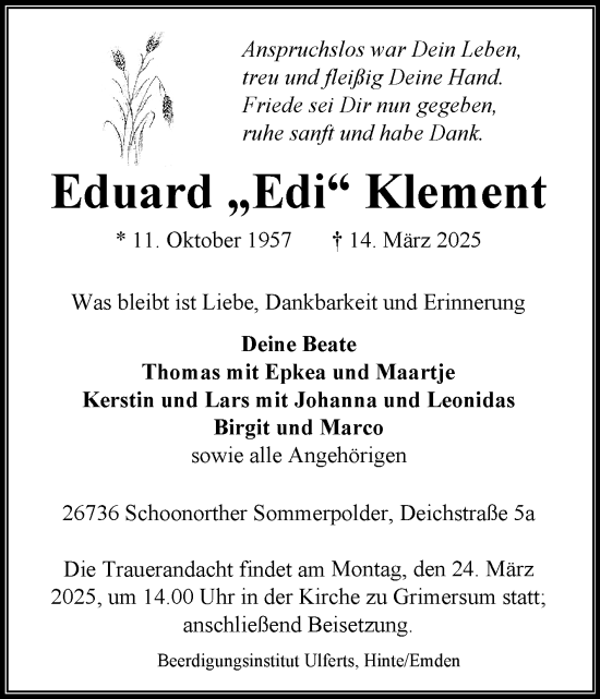Traueranzeige von Eduard Klement von Ostfriesischer Kurier GmbH