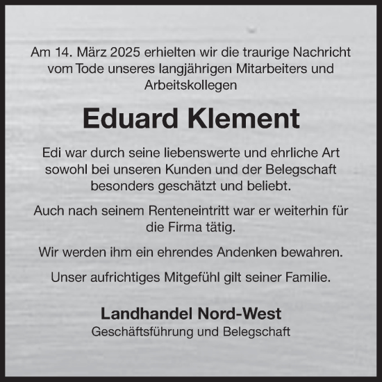 Traueranzeige von Eduard Klement von Ostfriesischer Kurier GmbH