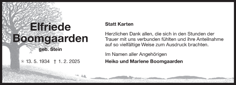  Traueranzeige für Elfriede Boomgaarden vom 08.03.2025 aus Ostfriesischer Kurier GmbH