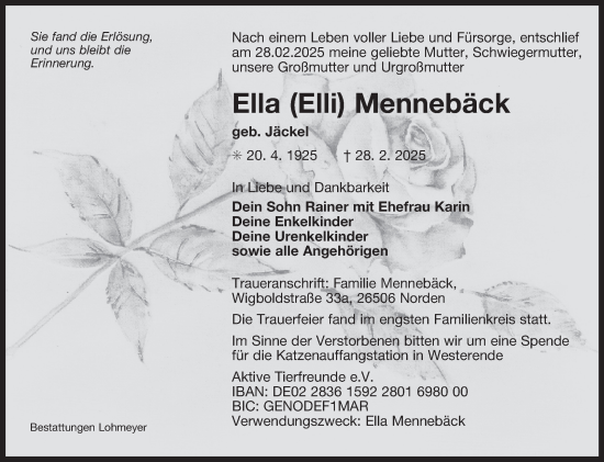 Traueranzeige von Ella  Mennebäck von Ostfriesischer Kurier GmbH
