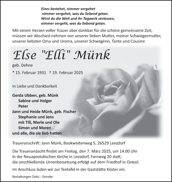 Traueranzeige von Else Elli Münk von Ostfriesischer Kurier GmbH