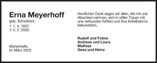 Traueranzeige von Erna Meyerhoff von Ostfriesischer Kurier GmbH
