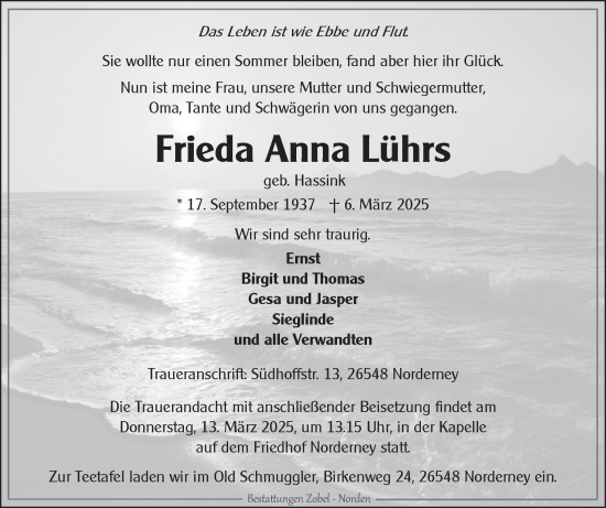 Traueranzeige von Frieda Anna Lührs von Ostfriesischer Kurier GmbH