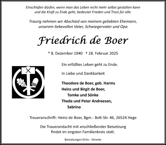Traueranzeige von Friedrich de Boer von Ostfriesischer Kurier GmbH