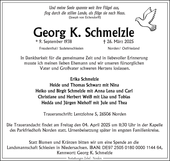 Traueranzeige von Georg K. Schmelzle von Ostfriesischer Kurier GmbH