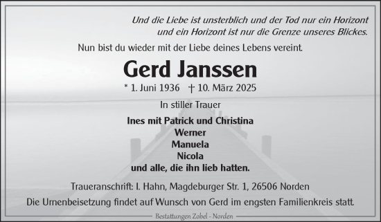 Traueranzeige von Gerd Janssen von Ostfriesischer Kurier GmbH