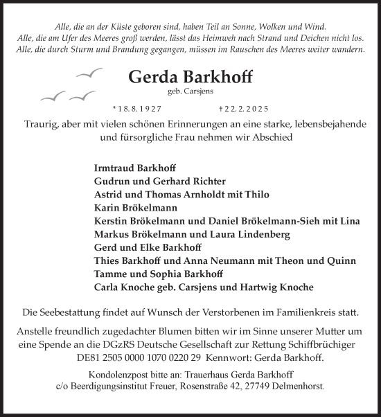 Traueranzeige von Gerda Barkhoff von Ostfriesischer Kurier GmbH
