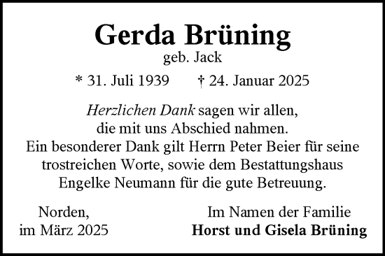 Traueranzeige von Gerda Brüning von Ostfriesischer Kurier GmbH