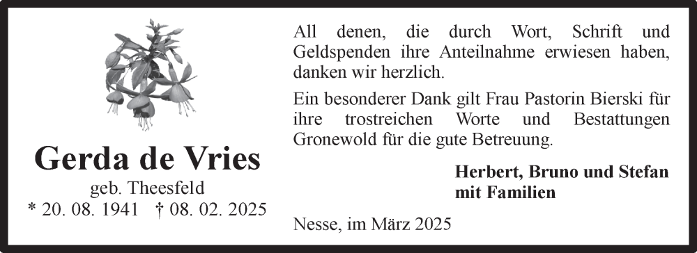  Traueranzeige für Gerda de Vries vom 15.03.2025 aus Ostfriesischer Kurier GmbH