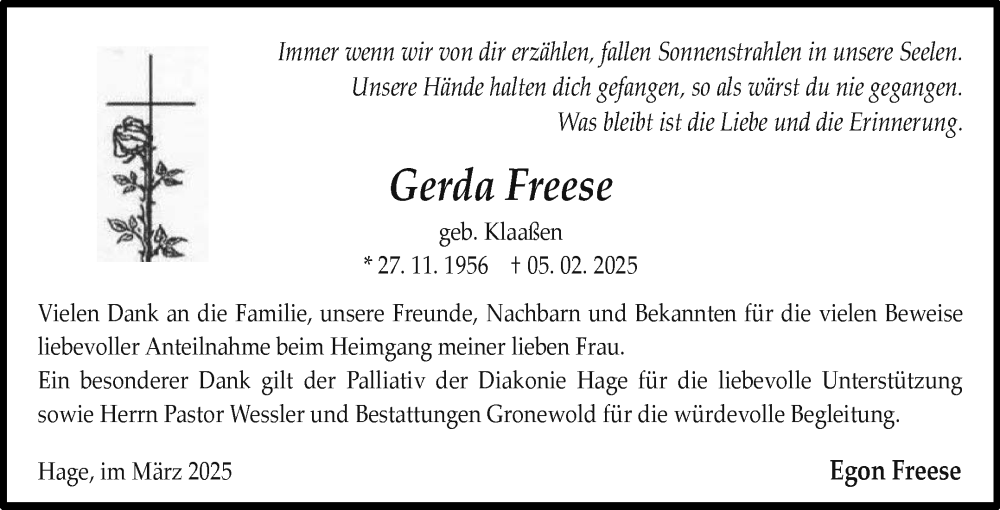  Traueranzeige für Gerda Freese vom 22.03.2025 aus Ostfriesischer Kurier GmbH