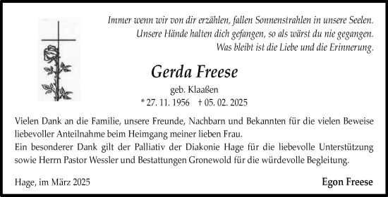 Traueranzeige von Gerda Freese von Ostfriesischer Kurier GmbH