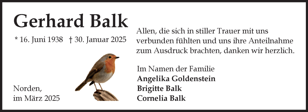  Traueranzeige für Gerhard Balk vom 08.03.2025 aus Ostfriesischer Kurier GmbH