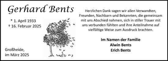 Traueranzeige von Gerhard Bents von Ostfriesischer Kurier GmbH