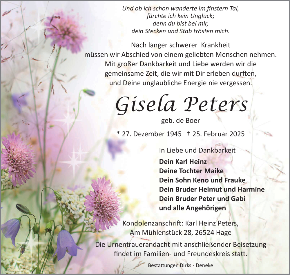  Traueranzeige für Gisela Peters vom 05.03.2025 aus Ostfriesischer Kurier GmbH