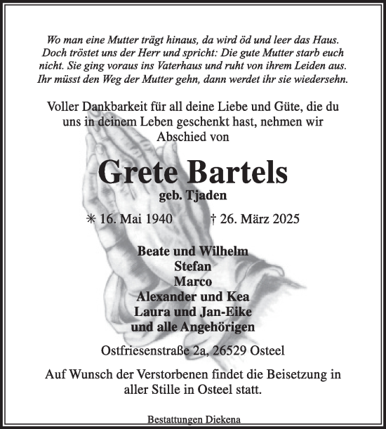 Traueranzeige von Grete Bartels von Ostfriesischer Kurier GmbH