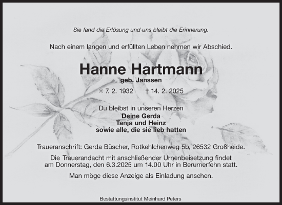 Traueranzeige von Hanne Hartmann von Ostfriesischer Kurier GmbH