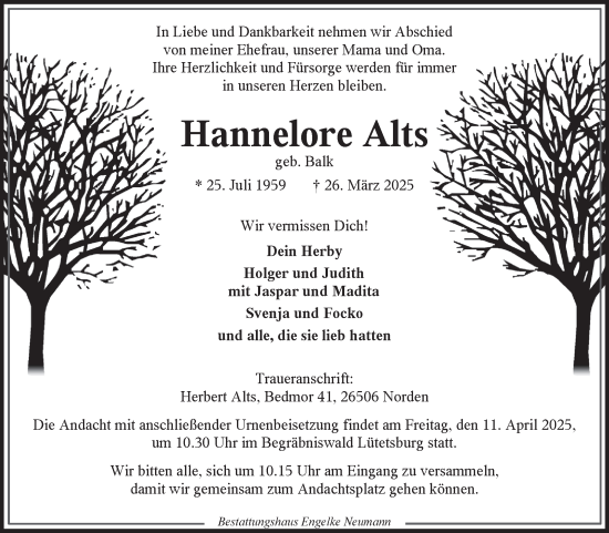 Traueranzeige von Hannelore Alts von Ostfriesischer Kurier GmbH