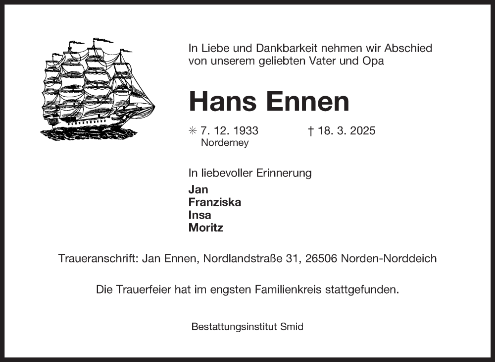  Traueranzeige für Hans Ennen vom 29.03.2025 aus Ostfriesischer Kurier GmbH