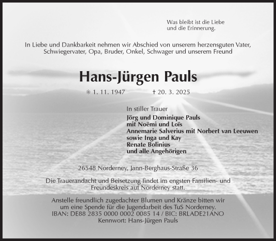 Traueranzeige von Hans-Jürgen Pauls von Ostfriesischer Kurier GmbH