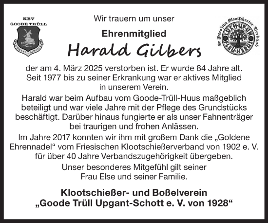 Traueranzeige von Harald Gilbers von Ostfriesischer Kurier GmbH