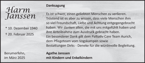 Traueranzeige von Harm Janssen von Ostfriesischer Kurier GmbH