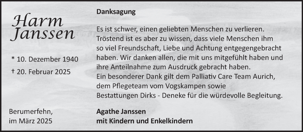  Traueranzeige für Harm Janssen vom 29.03.2025 aus Ostfriesischer Kurier GmbH