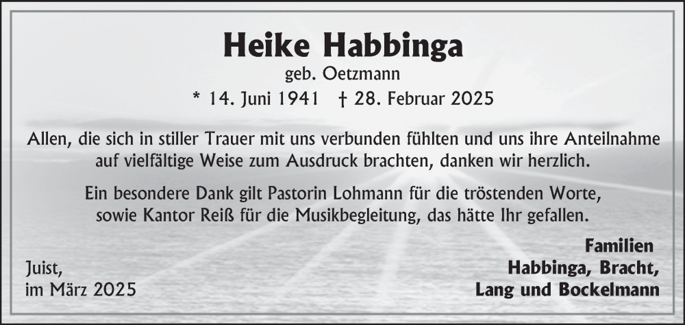  Traueranzeige für Heike Habbinga vom 29.03.2025 aus Ostfriesischer Kurier GmbH