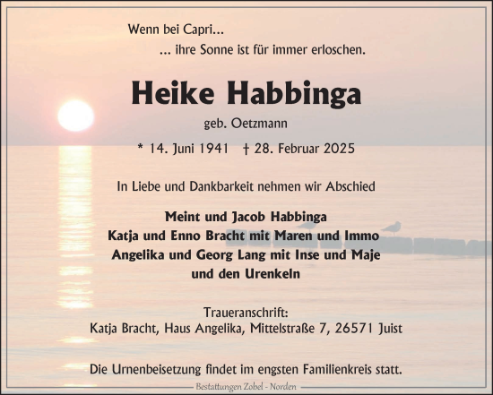 Traueranzeige von Heike Habbinga von Ostfriesischer Kurier GmbH