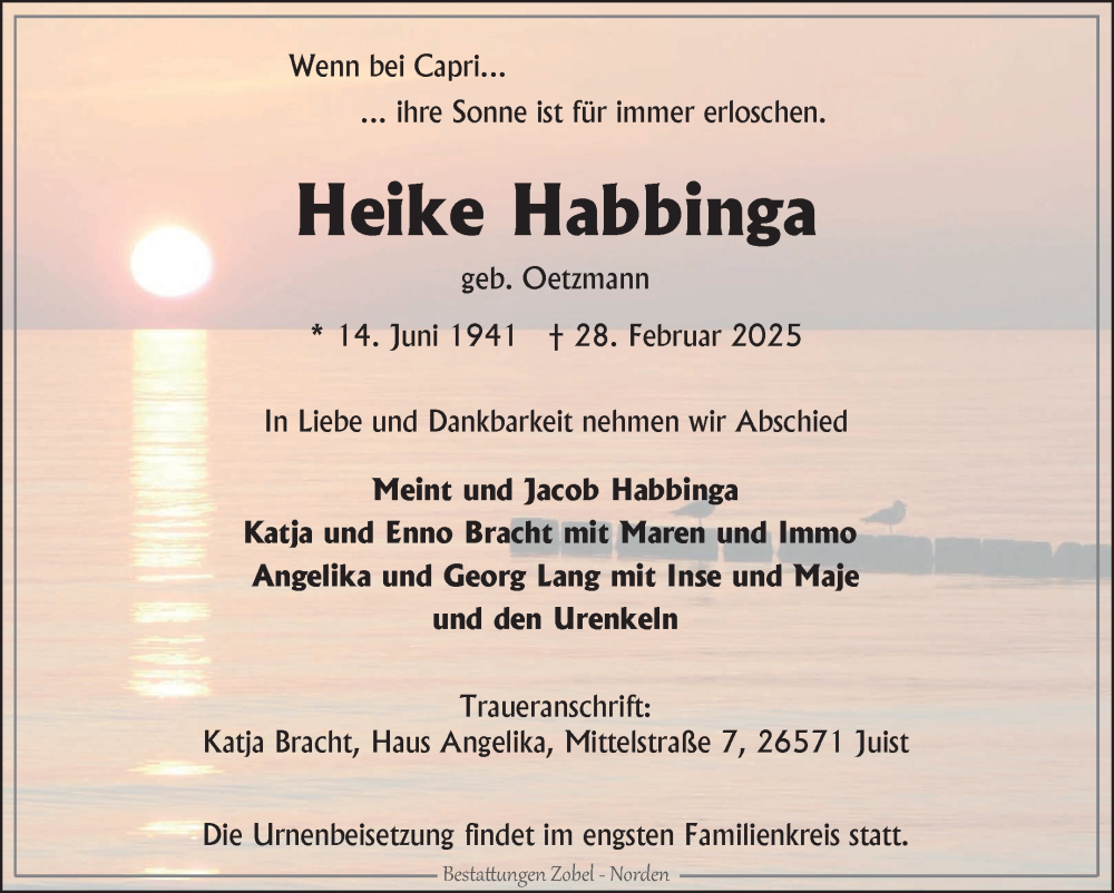  Traueranzeige für Heike Habbinga vom 05.03.2025 aus Ostfriesischer Kurier GmbH