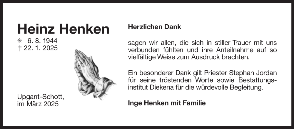  Traueranzeige für Heinz Henken vom 08.03.2025 aus Ostfriesischer Kurier GmbH