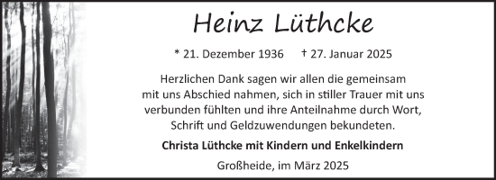 Traueranzeige von Heinz Lüthcke von Ostfriesischer Kurier GmbH