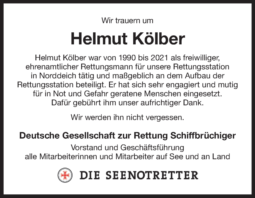  Traueranzeige für Helmut Kölber vom 08.03.2025 aus Ostfriesischer Kurier GmbH