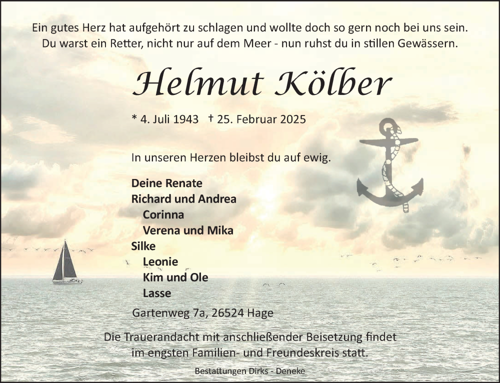  Traueranzeige für Helmut Kölber vom 01.03.2025 aus Ostfriesischer Kurier GmbH