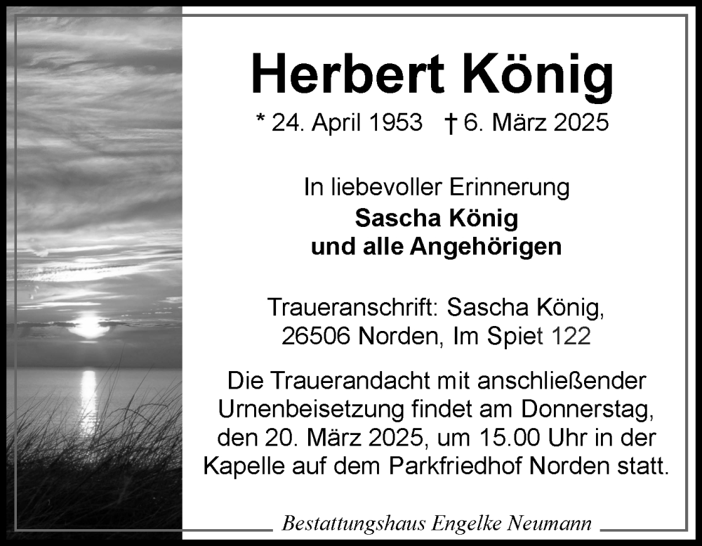  Traueranzeige für Herbert König vom 17.03.2025 aus Ostfriesischer Kurier GmbH