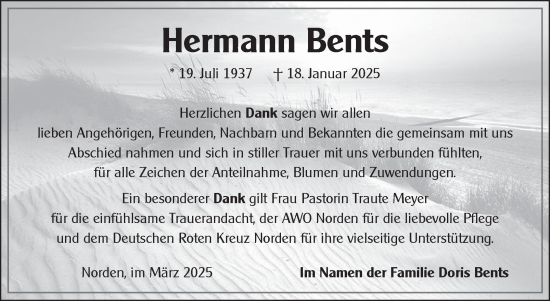 Traueranzeige von Hermann Bents von Ostfriesischer Kurier GmbH