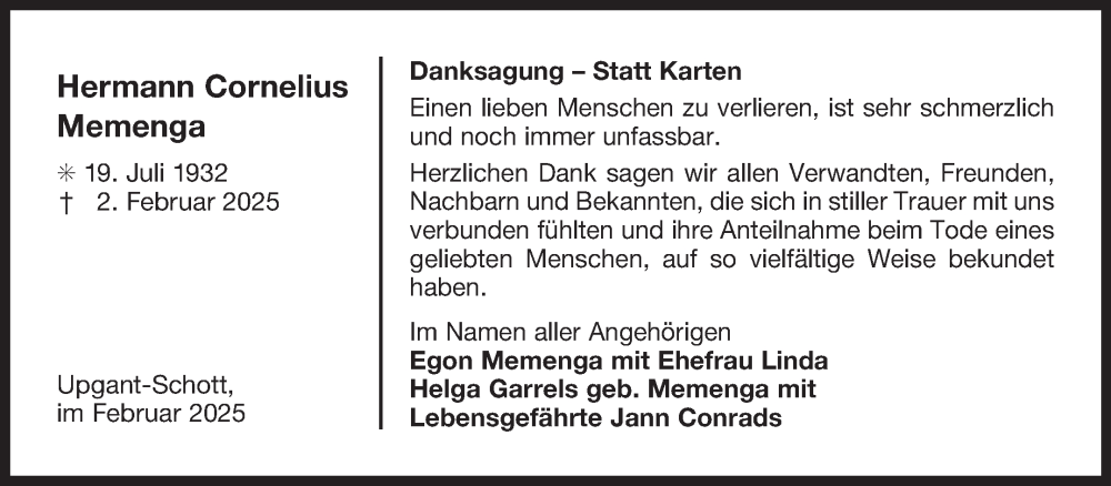  Traueranzeige für Hermann Cornelius Memenga vom 15.03.2025 aus Ostfriesischer Kurier GmbH