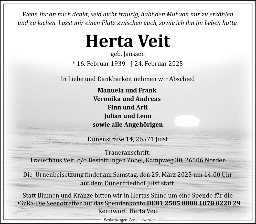  Traueranzeige für Herta Veit vom 01.03.2025 aus Ostfriesischer Kurier GmbH