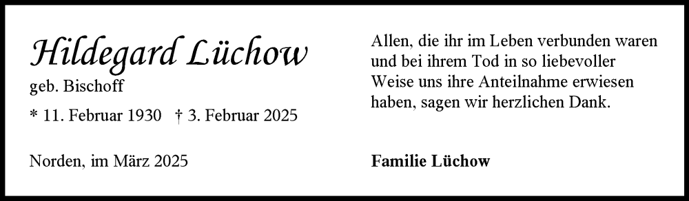  Traueranzeige für Hildegard Lüchow vom 22.03.2025 aus Ostfriesischer Kurier GmbH