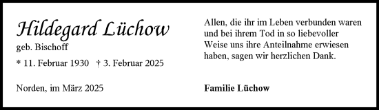 Traueranzeige von Hildegard Lüchow von Ostfriesischer Kurier GmbH