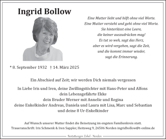 Traueranzeige von Ingrid Bollow von Ostfriesischer Kurier GmbH