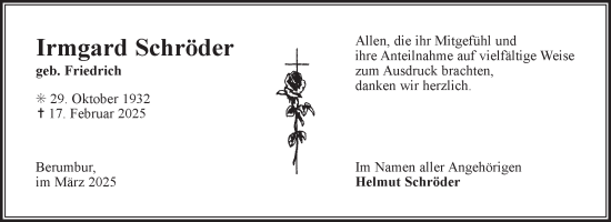 Traueranzeige von Irmgard Schröder von Ostfriesischer Kurier GmbH