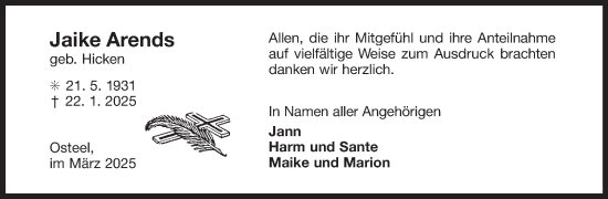 Traueranzeige von Jaike Arends von Ostfriesischer Kurier GmbH