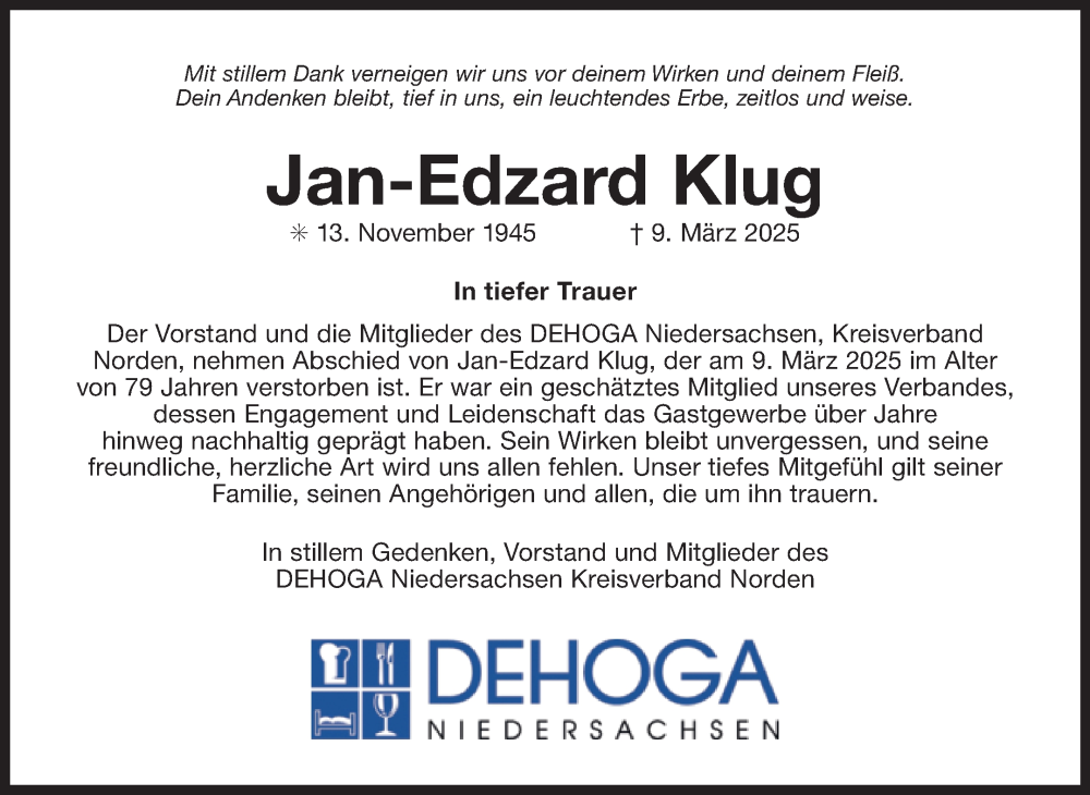  Traueranzeige für Jan-Edzard Klug vom 13.03.2025 aus Ostfriesischer Kurier GmbH