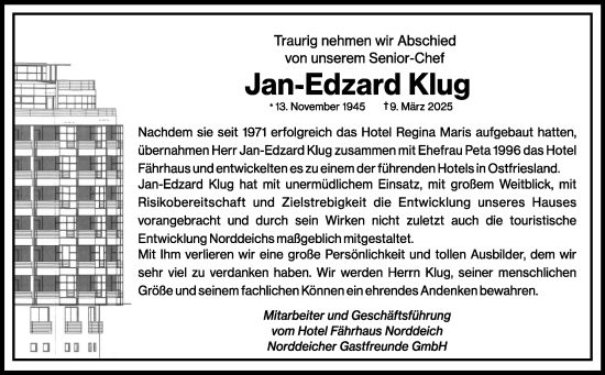 Traueranzeige von Jan-Edzard Klug von Ostfriesischer Kurier GmbH